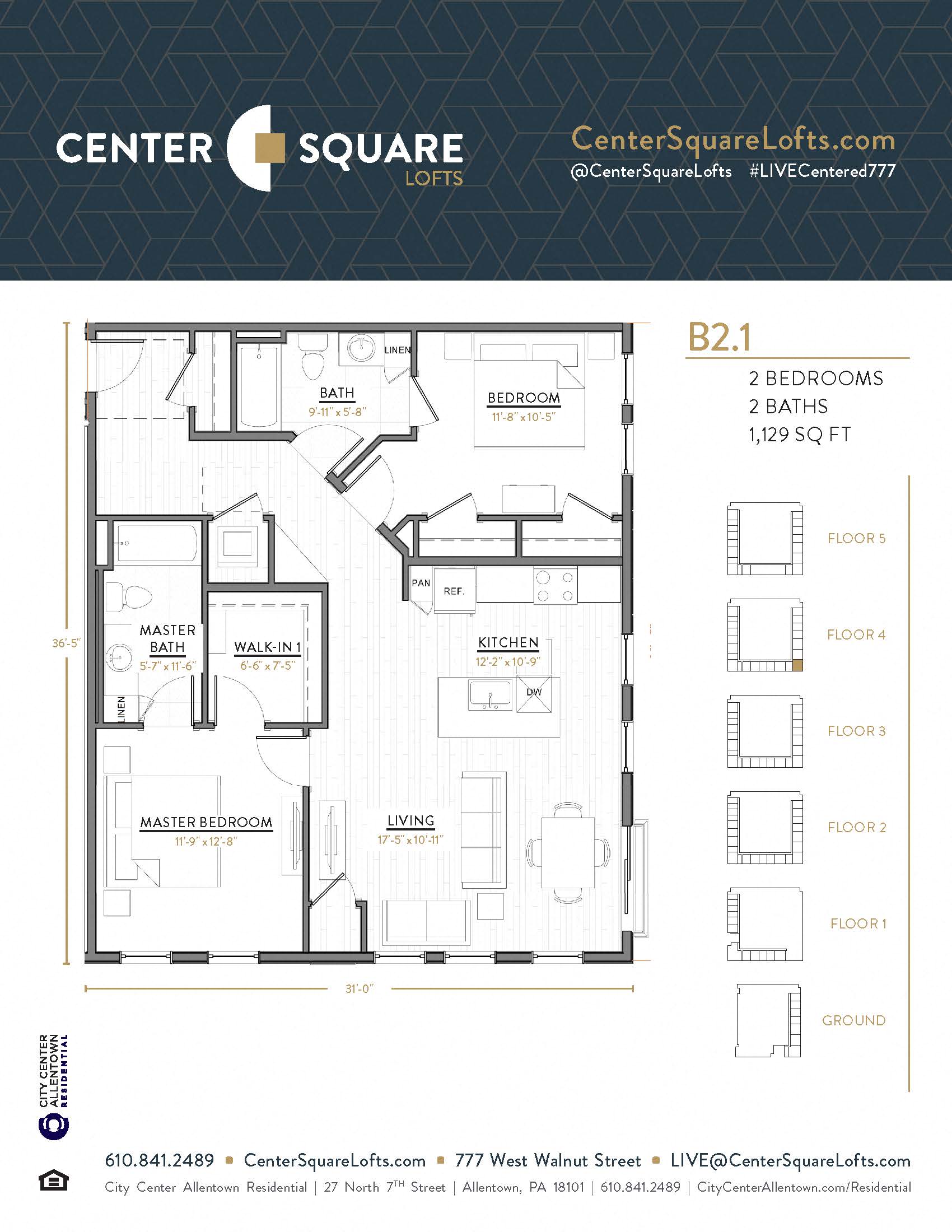 Floor plan for 2 beds, 2 baths, 1129 sqft